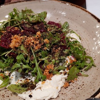 Campfire Adirondack Grill - Beet salad, w/ ricotta, arugula, peanut praline, juniper berry vinegarette, grilled bread crumbs, $11 - Breakfast & Brunch Near Me - Saranac Lake, New York Campfire Adirondack Grill - Beet salad, w/ ricotta, arugula, peanut praline, juniper berry vinegarette, grilled bread crumbs, $11 - Breakfast & Brunch Near Me - Saranac Lake, New York