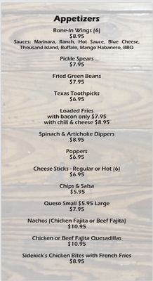 Menu photo 7 Sidekick's Bar & Grill Emory, TX