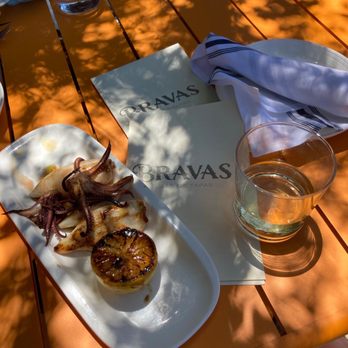 Bravas Bar de Tapas - Calamari - YUM!! And some wine - I think Merry Edwards Sauvignon Blanc which is excellent (wish it was served in a wine glass) - Spanish Near Me - Healdsburg, California