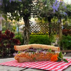 Garden Party - Buffalo Chickpea Sandwich
Toasted sourdough, vegan bleu cheese, local micro greens, Buffalo Chickpea
