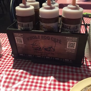 Whole Hog Cafe - Selection of sauces. Ate the food before I took the pic! - Barbeque Near Me - Springfield, Missouri Whole Hog Cafe - Selection of sauces. Ate the food before I took the pic! - Barbeque Near Me - Springfield, Missouri