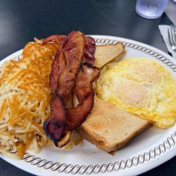 Waffle House Special. Oops forgot to take a picture of their famous waffles. That's a double order of hash browns.