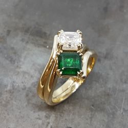 Ferguson Jewellery - Double setting diamond and emerald engagement ring set in 18k yellow gold