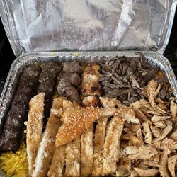 Yallah Express - Combo for 3. Beef kabob, chicken kabob, kafta, chicken cream chop, beef and chicken shawarma, rice, and burgal wheat.