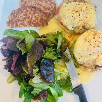 Awake - Crab Cake Benedict, dressed greens and Turkey sausage - Breakfast & Brunch Near Me - Dallas, Texas