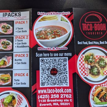 TACO-BOOK Taqueria - Paper menu. - Mexican Near Me - Everett, Washington