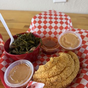2 Neighbor's Southern Chicken - I ordered a side of catfish with 2 sides of their house made sauce, can't forget the collard greens - Southern Near Me - Mansfield, Texas