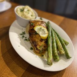 Aunt E’s Southern Cuisine - Bourbon Salmon with Asparagus and Mash Potatoes