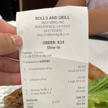 Rolls And Grill - Receipt - Vietnamese Near Me - Bakersfield, California Rolls And Grill - Receipt - Vietnamese Near Me - Bakersfield, California