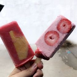 Left: Watermelon with mango and strawberries inside Right: strawberries on strawberries