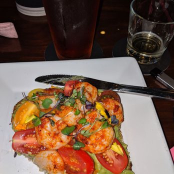 Bosscat Kitchen & Libations - To die for avocado toast with shrimp and extra tomatoes. - New American Near Me - Houston, Texas