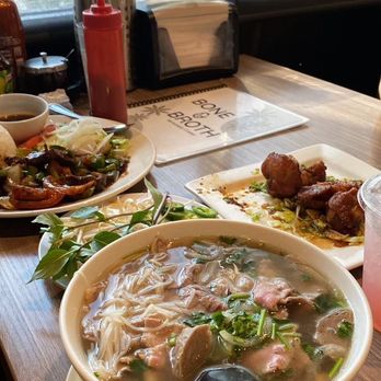 Bone & Broth - This is the Ontario combination pho and the Shaken Filet Mignon & Rice plate. - Vietnamese Near Me - Ontario, California