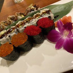 Flying fish eggs, salmon roe, salmon skin roll, eel roll