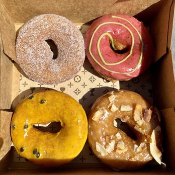 Holey Grail Donuts - Saffron snickerdoodle, Strawberry Fields, Lilikoi (passion fruit), Reincarnated - Donuts Near Me - Long Beach, California Holey Grail Donuts - Saffron snickerdoodle, Strawberry Fields, Lilikoi (passion fruit), Reincarnated - Donuts Near Me - Long Beach, California