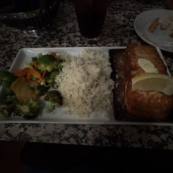 GreenFire Restaurant Bar & Bakery - Cedar Plank Salmon with rice and fresh garden vegetables - New American Near Me - Rockford, Illinois
