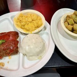 Meatloaf with Mashed Potatoes & Gravy and Mac & Cheese with additional side of Fried Okra.