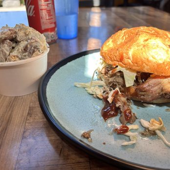 Buckshot Honey - Hognaw (pulled pork) sandwich and potato salad - Barbeque Near Me - Snoqualmie, Washington Buckshot Honey - Hognaw (pulled pork) sandwich and potato salad - Barbeque Near Me - Snoqualmie, Washington