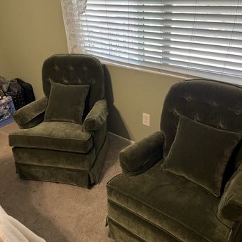 Frontier Furniture MFG. - Reupholstered pair of swivel chairs with luxurious olive colored velvet for customer from Chino - Furniture Reupholstery Near Me - Chino, California Frontier Furniture MFG. - Reupholstered pair of swivel chairs with luxurious olive colored velvet for customer from Chino - Furniture Reupholstery Near Me - Chino, California