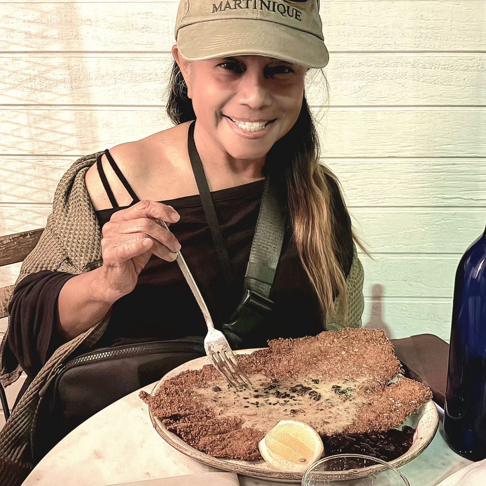 Valentina - That's me with my schnitzel... yummy. - Seafood Near Me - Encinitas, California Valentina - That's me with my schnitzel... yummy. - Seafood Near Me - Encinitas, California