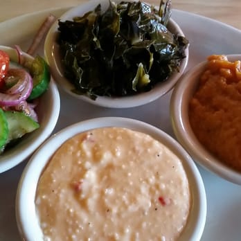 Smokejack BBQ - Vegetable plate with mashed sweet potatoes, collard greens, pimento cheese grits, and tomatoes & cukes - Barbeque Near Me - Alpharetta, Georgia Smokejack BBQ - Vegetable plate with mashed sweet potatoes, collard greens, pimento cheese grits, and tomatoes & cukes - Barbeque Near Me - Alpharetta, Georgia