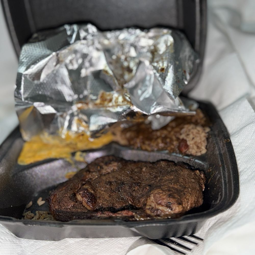 Caribbean Jerk Palace - Jerk ribeye, mac, red beans/rice, plantains on top of the foil... - Caribbean Near Me - Houston, Texas Caribbean Jerk Palace - Jerk ribeye, mac, red beans/rice, plantains on top of the foil... - Caribbean Near Me - Houston, Texas