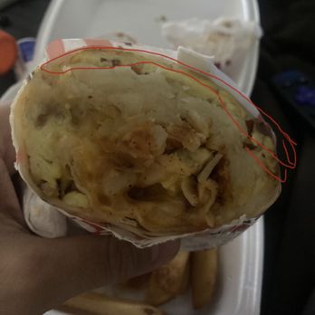 Mr. D's Diner - Supposedly their basic burrito with two meats. The red circle is the amount of egg, rest of burrito is all hash brown. - American Near Me - La Verne, California Mr. D's Diner - Supposedly their basic burrito with two meats. The red circle is the amount of egg, rest of burrito is all hash brown. - American Near Me - La Verne, California