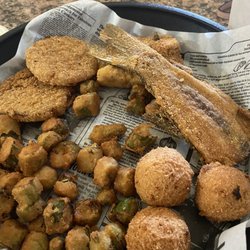 Brown's Quality Seafood - Mullet Fish w/fried green tomatoes, fried okras and hush puppies