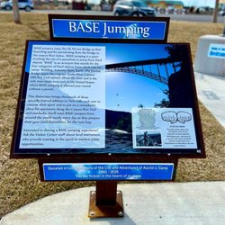 Buzz Langdon Visitor Center - Perrine Bridge - Information sign on BASE jumping from the Perrine Bridge and a nice tribute to famous jumper Austin Carey