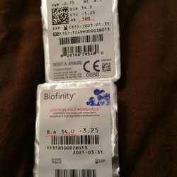 Nue Hugo M MD - Sample Contacts with different Contact Prescription. *They don't carry the Biofinity brand, which is why I had to pay $10 for them.