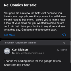 West End Comics - And here's his cordial response via email, wildly missing the point.