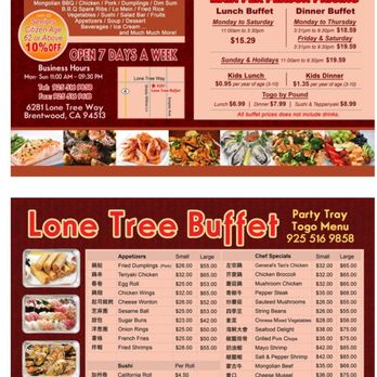 Lone Tree Buffet - Pulled from website. Shows menu, prices, business hrs and address. - Buffets Near Me - Brentwood, California