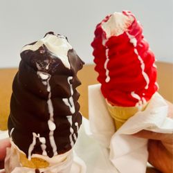 Poppy’s - Vanilla soft serve dipped in chocolate and cherry.