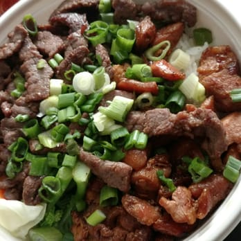 Flame Broiler - A close up of the half and half bowl (chicken and steak) with green onions. Add some magic sauce and hot sauce and you're set. - Fast Food Near Me - Bakersfield, California