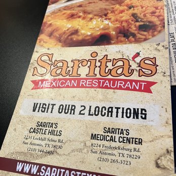 Sarita's Mexican Restaurant - Front of menu - Mexican Near Me - San Antonio, Texas Sarita's Mexican Restaurant - Front of menu - Mexican Near Me - San Antonio, Texas