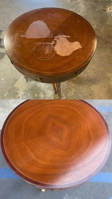 Side table restoration - This mid century side tablet some major damage after scented oil got spilled on it and soaked into the table . With our precise laser we were able to clean it all up without any damage to the surface . Stained and finished . Best compliment we got after the delivery was " Can you show me where the damage was ? " Side table restoration - This mid century side tablet some major damage after scented oil got spilled on it and soaked into the table . With our precise laser we were able to clean it all up without any damage to the surface . Stained and finished . Best compliment we got after the delivery was " Can you show me where the damage was ? "