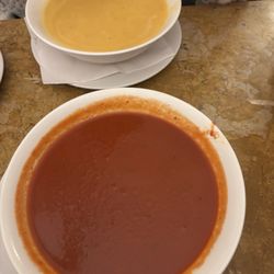 Moritz - Tomato bisque soup (foreground), potato soup (background)