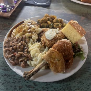 Lula and Sadie’s - the angry yard bird Mac n cheese, mashed potatoes and gravy, corn bread , potato crusted catfish, f.g.t &mixed green salad, fried okra - Southern Near Me - Durham, North Carolina