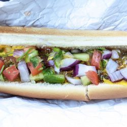 A Fresh Hot Dog - "Everything" has mustard, ketchup, onions, relish, mayo, and pico de gallo. I skipped the mayo ;)