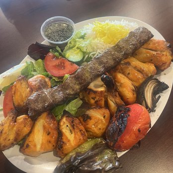 Cafe Elegante - Cornish Hen Kabob with a Beef Luleh Kabob and half rice half salad - Middle Eastern Near Me - Burbank, California