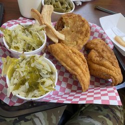 Woodard Family BBQ & Grill - Catfish, cabbage, green beans, fat back, and fried cornbread