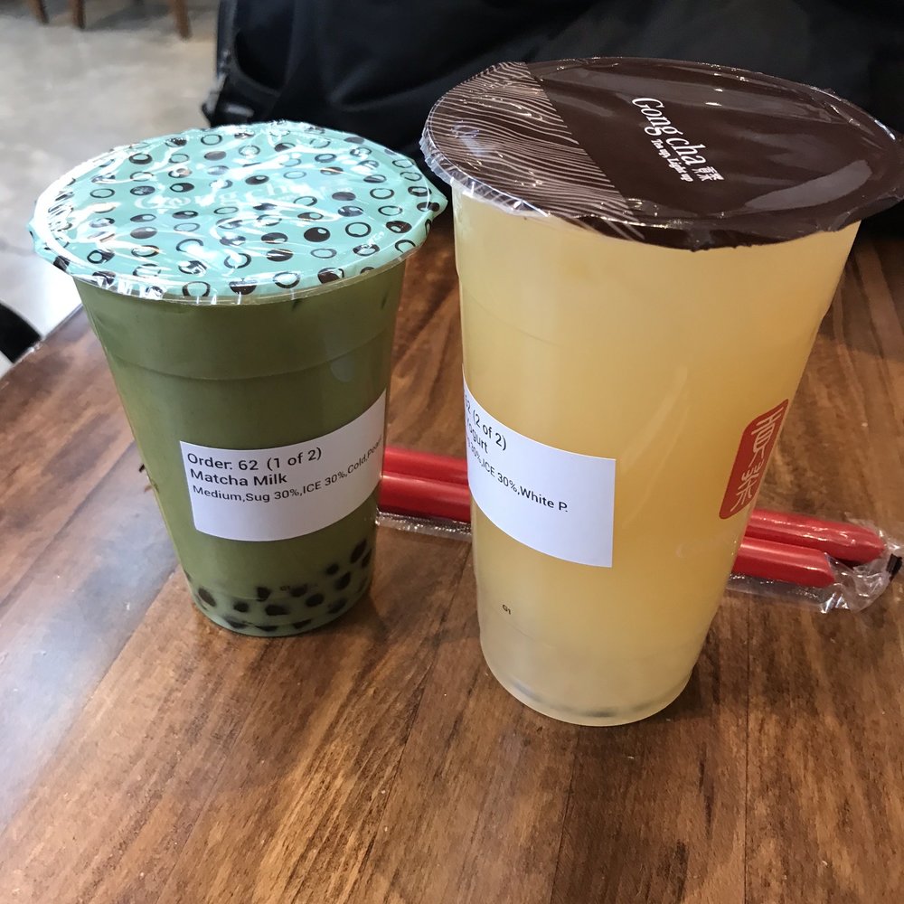 The Spot - Left: Medium Matcha Milk tea with black pearls 30% ice and sugar Right: Large Lemon Yogurt Series with white pearls 0% sugar, 30% ice - Taiwanese Near Me - Rockville, Maryland The Spot - Left: Medium Matcha Milk tea with black pearls 30% ice and sugar Right: Large Lemon Yogurt Series with white pearls 0% sugar, 30% ice - Taiwanese Near Me - Rockville, Maryland