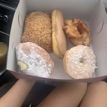 Norco Donuts - Box of donuts: total 6.75. Powdered custard filled, coconut topped, glazed old fashioned, long maple, and crumb bear claw - Coffee & Tea Near Me - Norco, California
