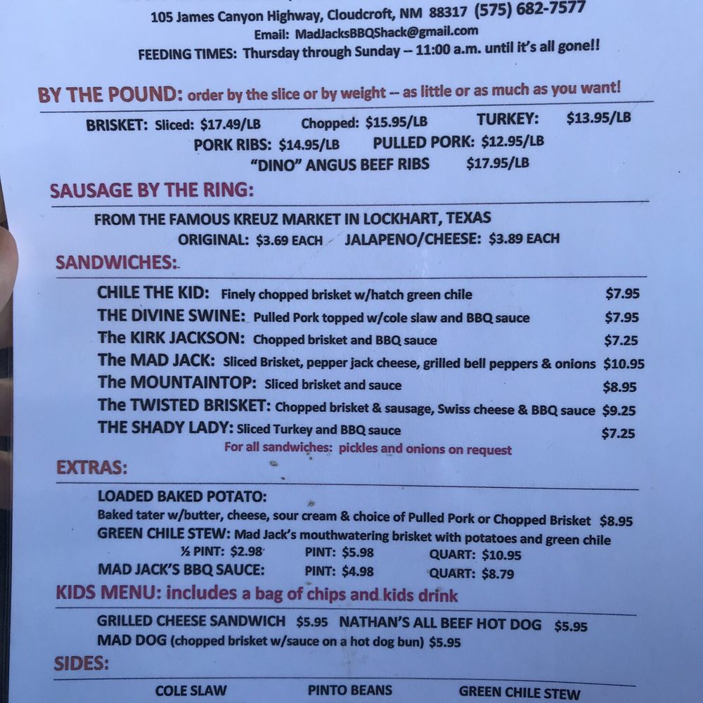 Mad Jack's Mountaintop Barbecue - Menu - Barbeque Near Me - Cloudcroft, New Mexico Mad Jack's Mountaintop Barbecue - Menu - Barbeque Near Me - Cloudcroft, New Mexico
