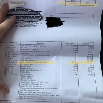 Prime Marine - 2-7-19 invoice - Boat Repair Near Me - Rancho Cucamonga, California