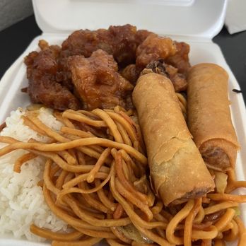 Big Wok - Two item combo white rice with noodles and vegetable eggrolls, and sweet-and-sour pork. - Chinese Near Me - El Monte, California