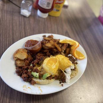 La Mesa Bistro - Chorizo Benedict. Egg over poached and chorizo very salty - Cafes Near Me - La Mesa, California La Mesa Bistro - Chorizo Benedict. Egg over poached and chorizo very salty - Cafes Near Me - La Mesa, California