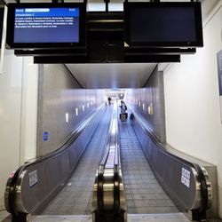 Thalys - up the travelator for our train to Paris