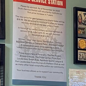 Dick's Service Station - New price for haircuts.  $19.99 - Barbers Near Me - Oakland Park, Florida