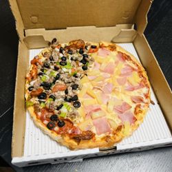 Pizza John's - Half the works and half hawaiian