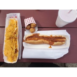 Silver Grove Dari-Bar - Chili cheese fries, footlong hot dog + mustard + chili, mushrooms, strawberry shake.
